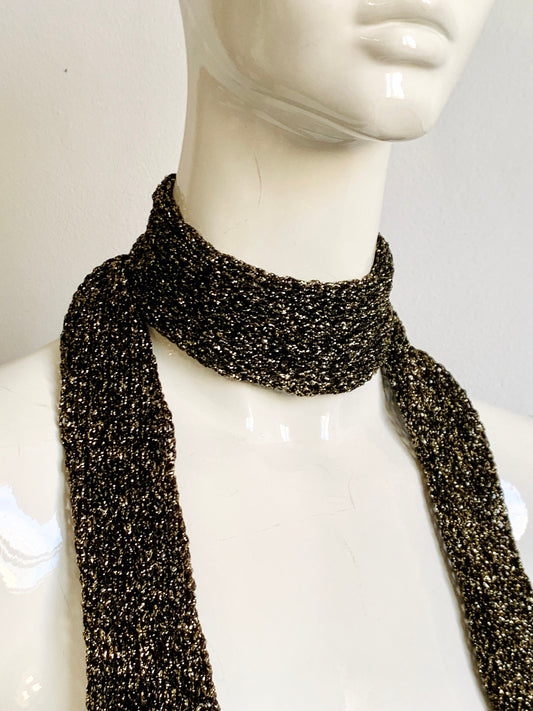 Skinny Scarf Sparkling Black & Gold Skinny Knit Scarf, Handmade Golden Long Scarf Tie for Timeless Glamour, Women Double Sided Thin Scarf