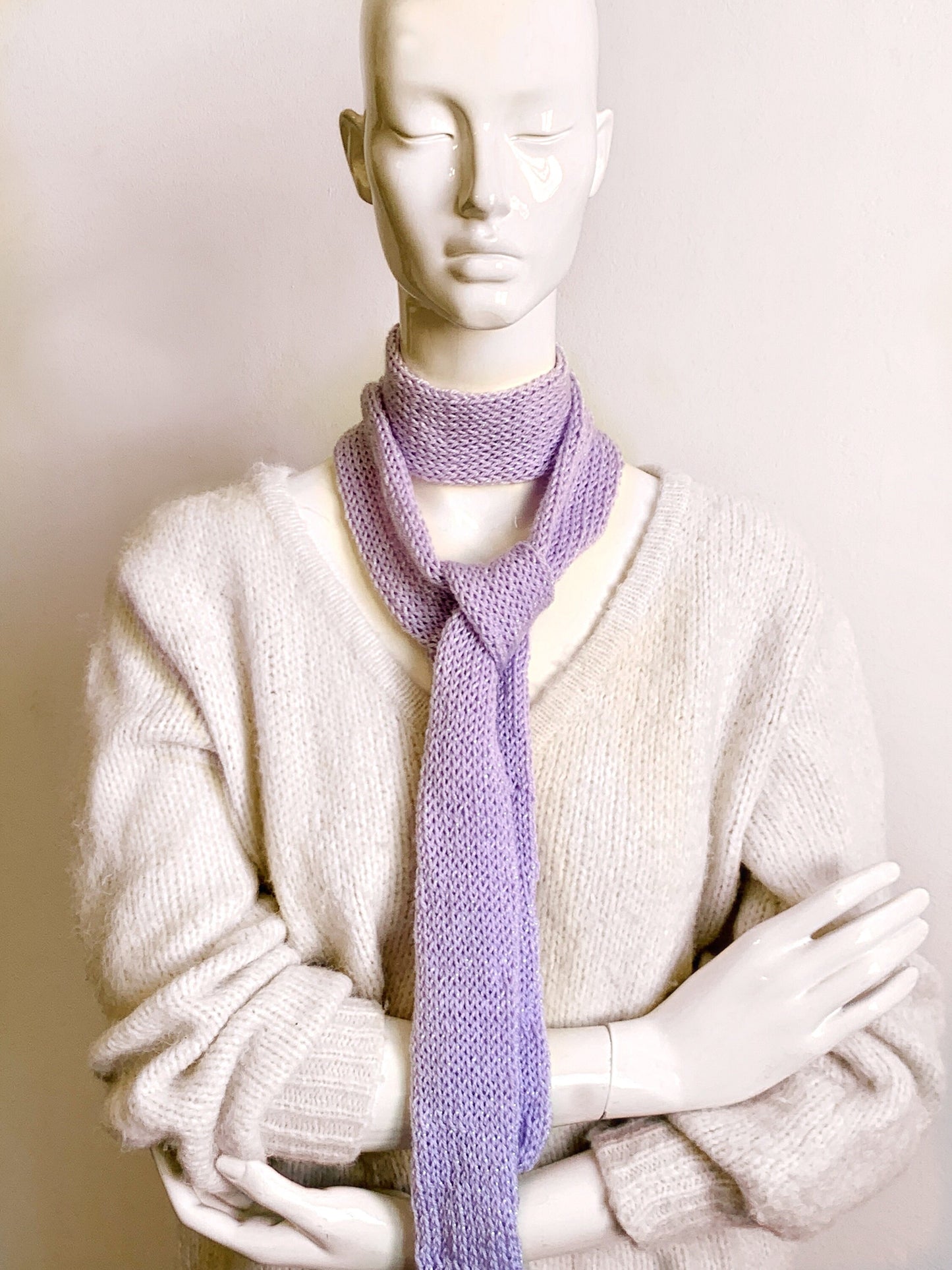 Skinny Scarf Sparkling Lilac Knit Skinny Scarf, Handmade Lavender Long Scarf Tie, Purple Double Sided Thin Scarf, Women Knitted Scarves