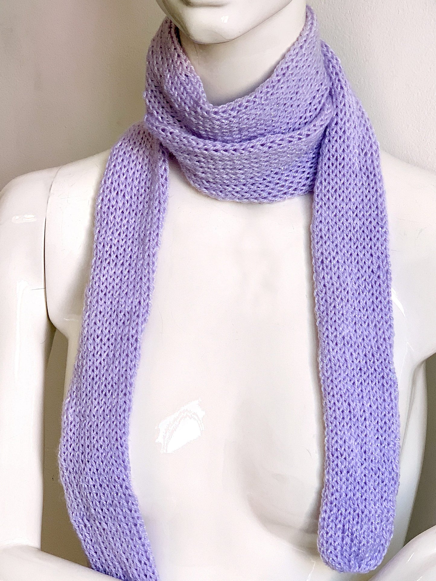 Skinny Scarf Sparkling Lilac Knit Skinny Scarf, Handmade Lavender Long Scarf Tie, Purple Double Sided Thin Scarf, Women Knitted Scarves