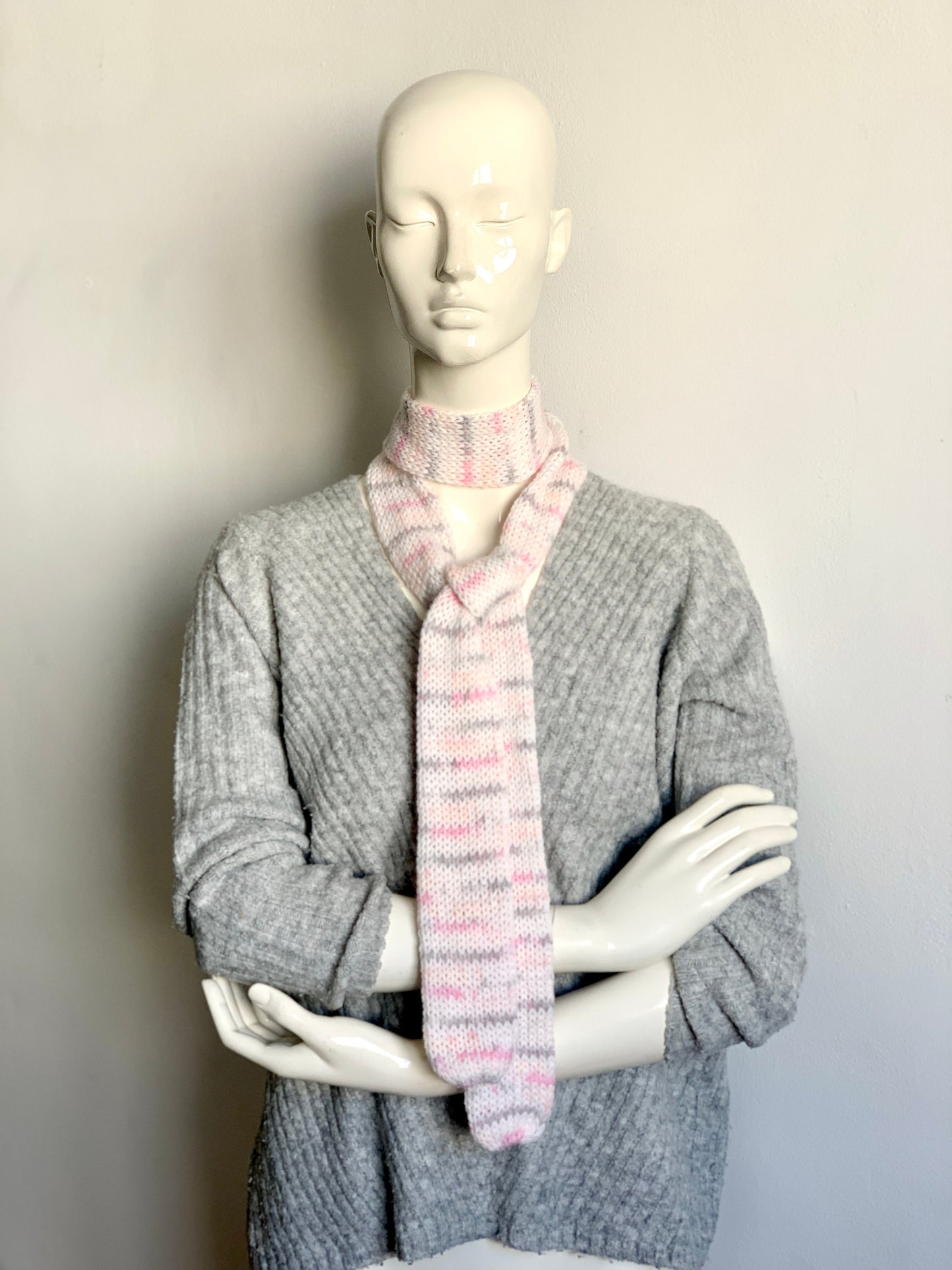 Skinny Scarf White Pink Skinny knit Scarf - White Base with Pink, Grey, Yellow, Orange Accents, Thin Long Scarf for Girls and Women