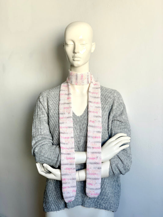 Skinny Scarf White Pink Skinny knit Scarf - White Base with Pink, Grey, Yellow, Orange Accents, Thin Long Scarf for Girls and Women