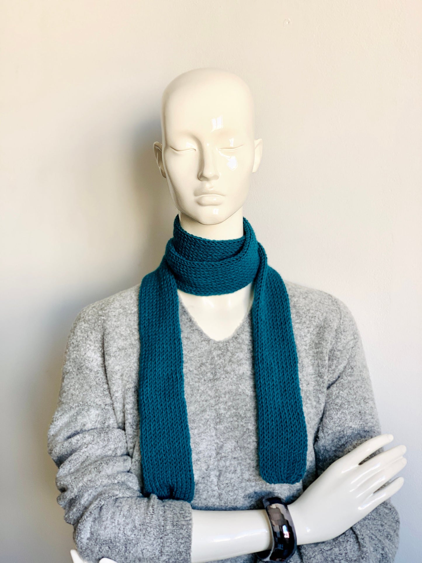 Skinny Scarf Petrol Skinny Knit Scarf, Handmade Blue-Green Long Scarf Tie, Sea Green Thin Scarf, Double Sided Turquoise Knitted Scarves