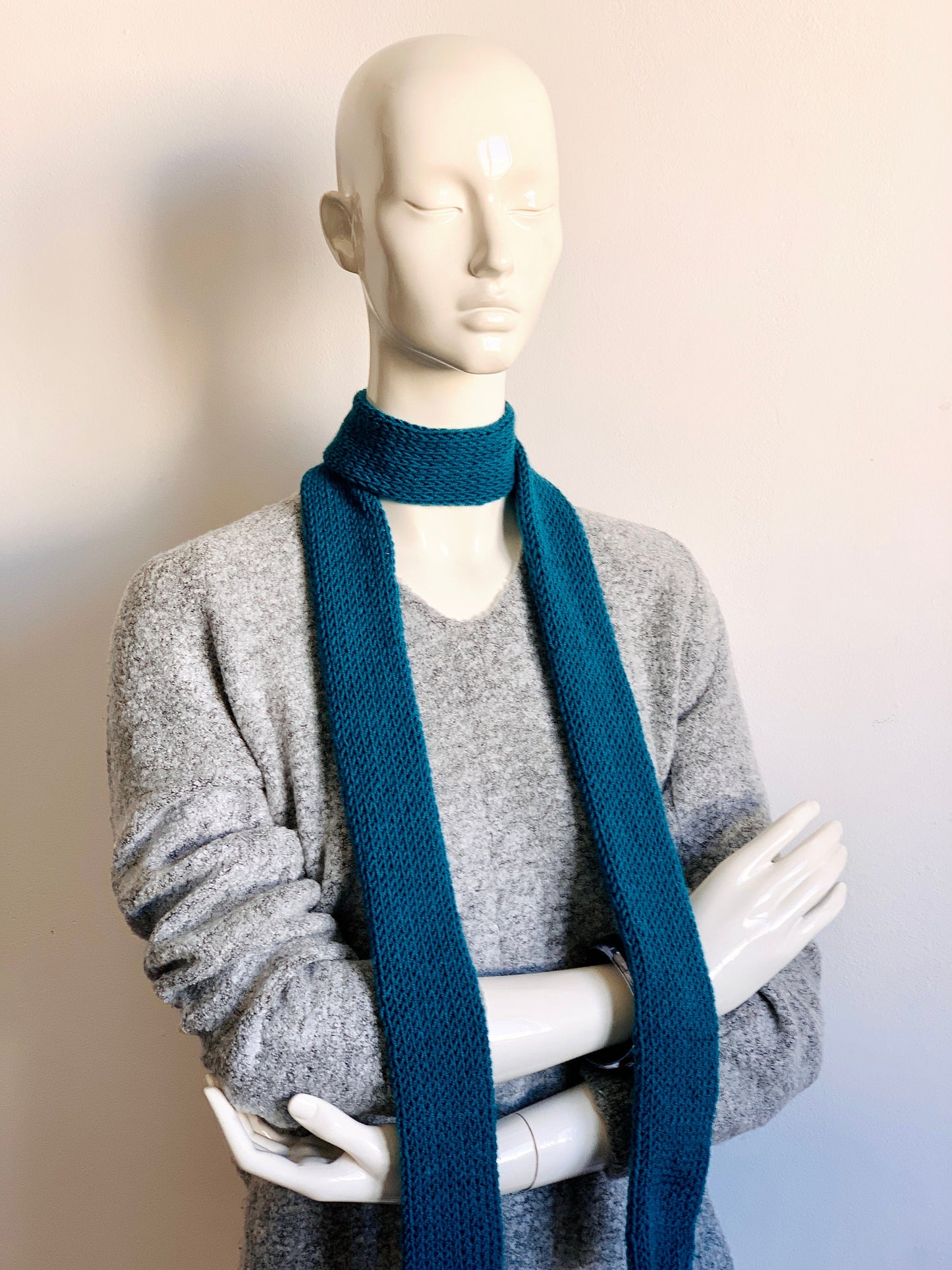 Skinny Scarf Petrol Skinny Knit Scarf, Handmade Blue-Green Long Scarf Tie, Sea Green Thin Scarf, Double Sided Turquoise Knitted Scarves