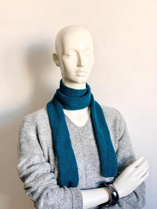 Skinny Scarf Petrol Skinny Knit Scarf, Handmade Blue-Green Long Scarf Tie, Sea Green Thin Scarf, Double Sided Turquoise Knitted Scarves