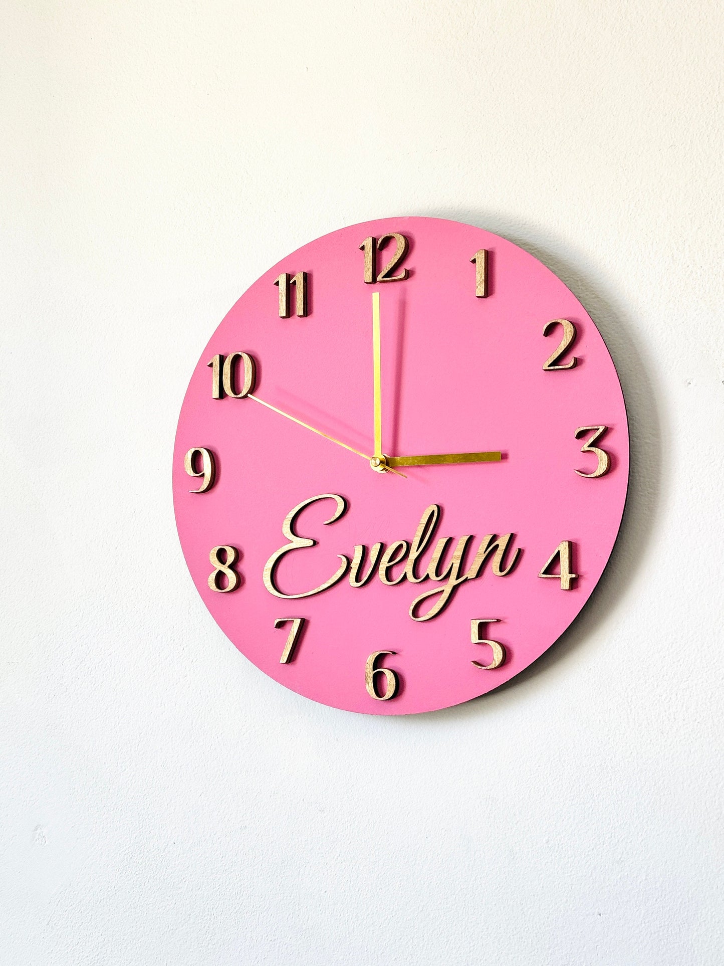 Kids Clock Personalized, Pink Round Wooden Wall Clock with Name, Nursery Wall Clock, Girls Room Clock, Boys Wall Clock, Custom Nursery Decor