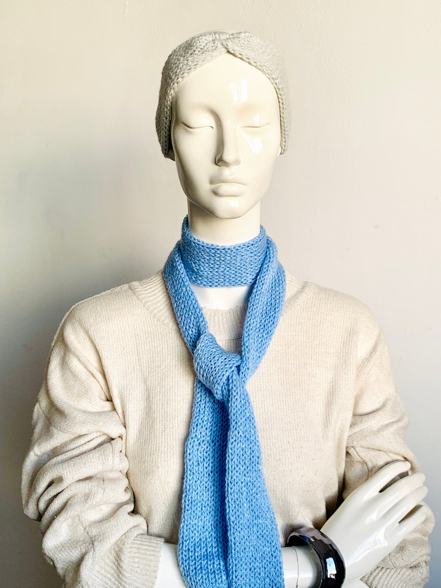 Skinny Scarf, Sky Blue Skinny Knit Scarf, Handmade Light Blue Long Scarf Tie, Turquoise Double Sided Thin Scarf, Women Knitted Scarves