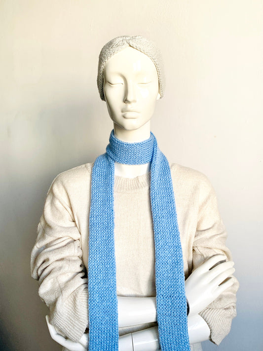 Skinny Scarf, Sky Blue Skinny Knit Scarf, Handmade Light Blue Long Scarf Tie, Turquoise Double Sided Thin Scarf, Women Knitted Scarves