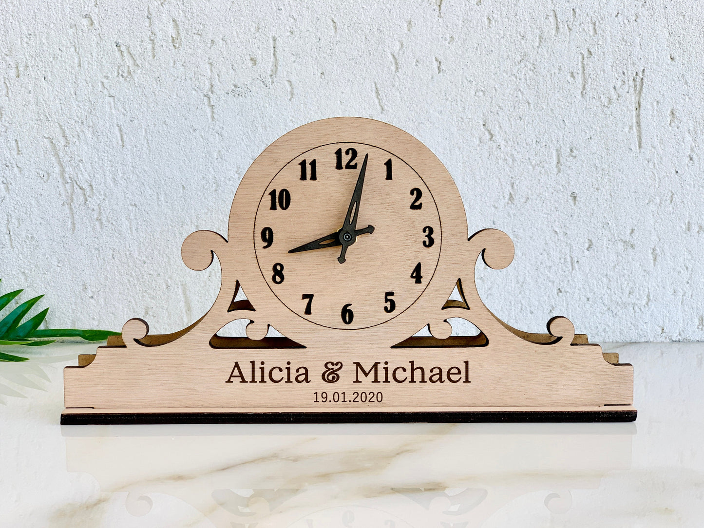 Modern personalized wood mantel clock with vintage antique desk clock design, suitable for office table, retro fireplace, and kitchen decor. Engraved mantel clock.