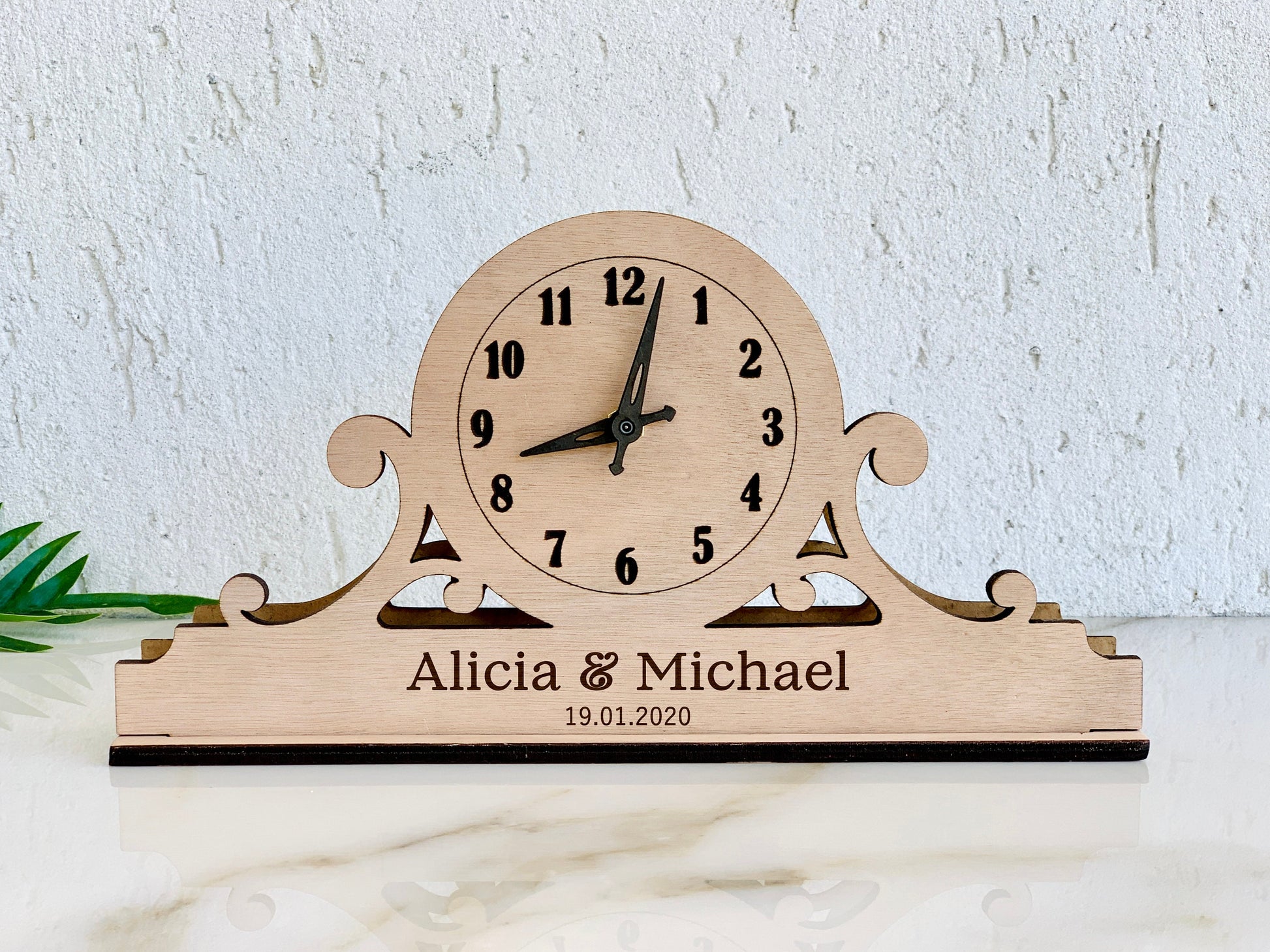 Modern personalized wood mantel clock with vintage antique desk clock design, suitable for office table, retro fireplace, and kitchen decor. Engraved mantel clock.