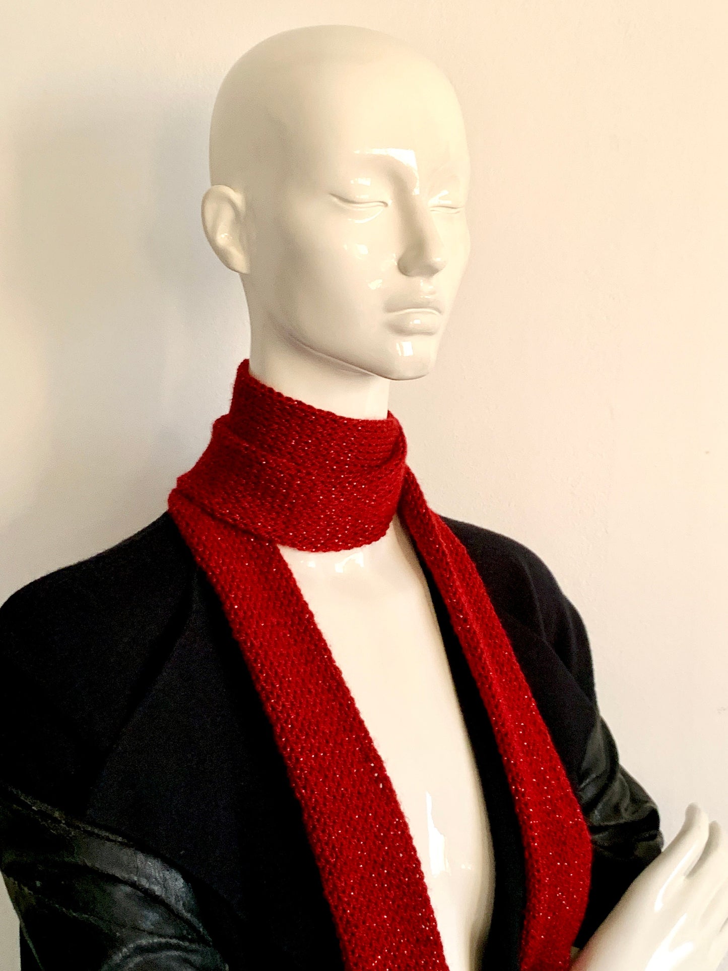 Skinny Scarf, Sparkling Burgundy Skinny Knit Scarf, Handmade Maroon Long Scarf Tie, Bordeaux Wine Red Double Thin Scarf, Glamorous & Elegant