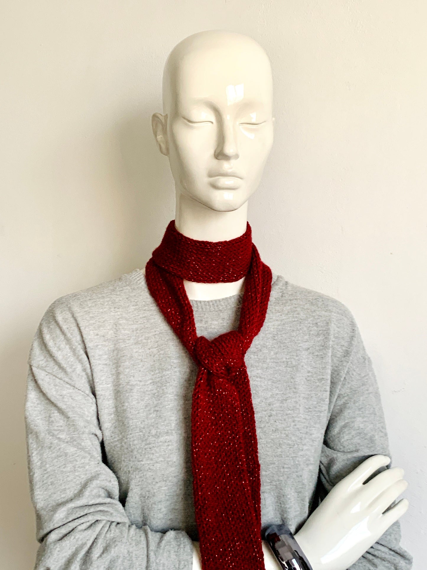 Skinny Scarf, Sparkling Burgundy Skinny Knit Scarf, Handmade Maroon Long Scarf Tie, Bordeaux Wine Red Double Thin Scarf, Glamorous & Elegant