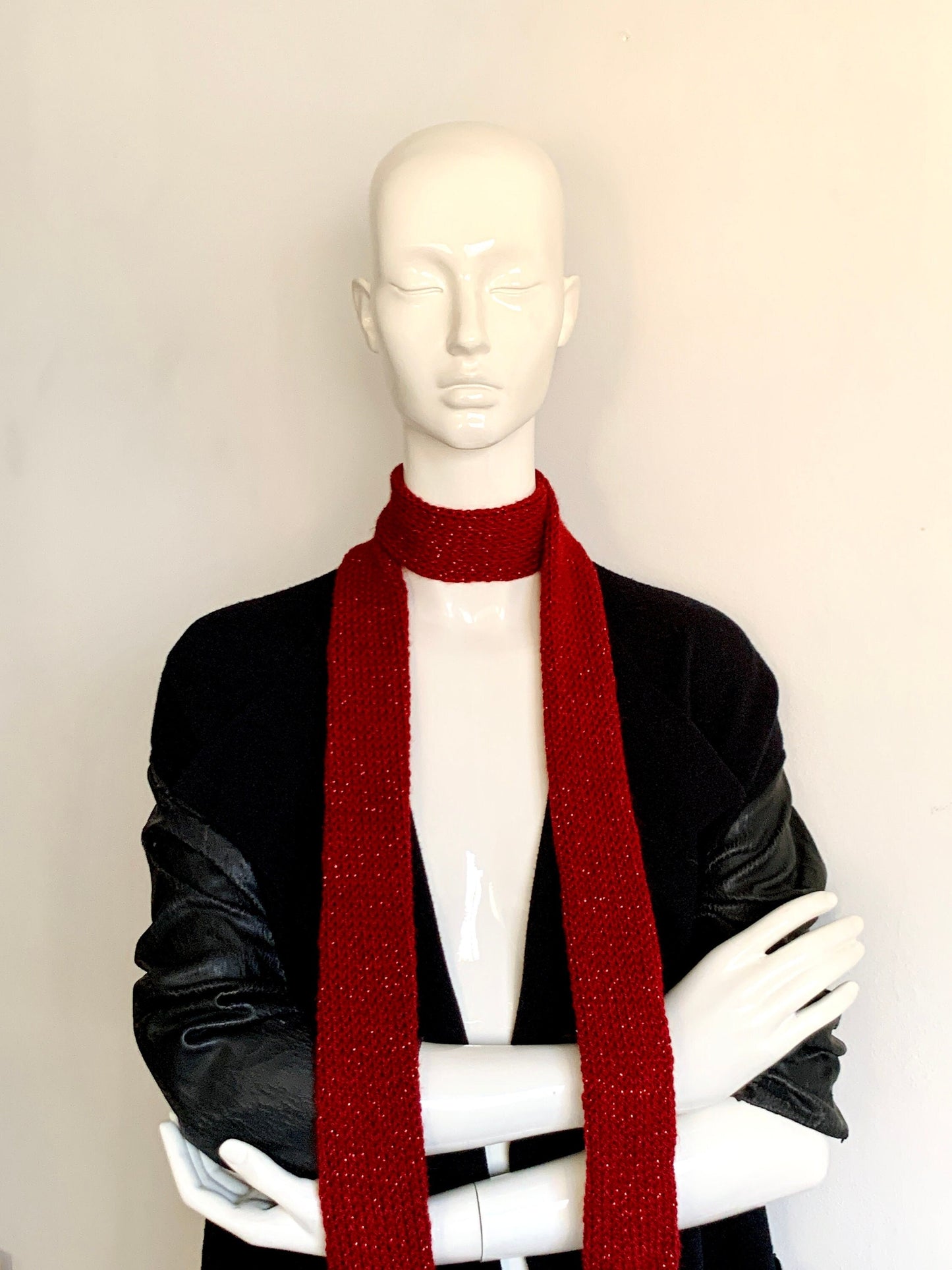 Skinny Knit Scarf, Burgundy Red Skinny Scarf, Handmade Sparkling Maroon Long Scarf Tie, Bordeaux Wine Red Double Thin Scarf, Glamorous