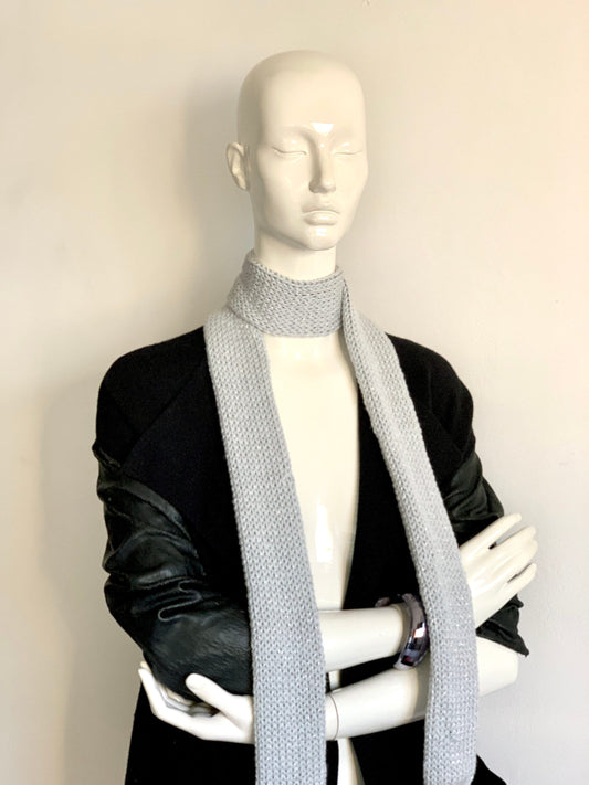 Skinny Knit Scarf Sparkling Light Grey Silver Skinny Scarf, Handmade Gray Long Scarf Tie, Double Sided Thin Scarf, Women Knitted Scarves