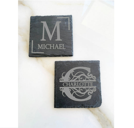 Personalized Monogram Slate Coasters, Minimal Engraved Coasters with Initial and Name, Funcy Monograms Stone Coasters, Custom Slate Coasters