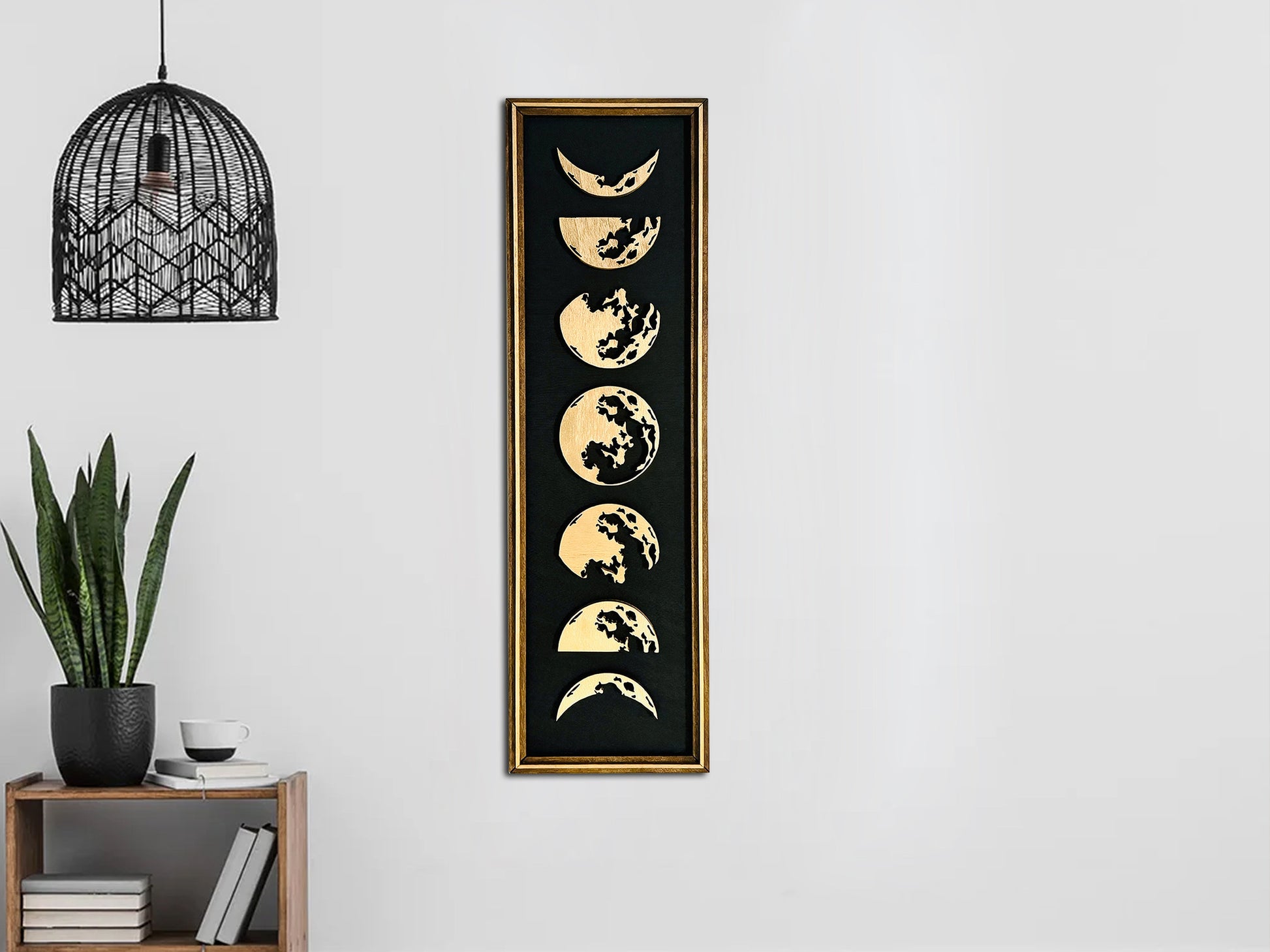 Moon Phases Wall Art, Large Wooden Hanging Sign Black & Gold Home Decor, Livingroom Rustic Moon Plaque, Celestial Bedroom Decor