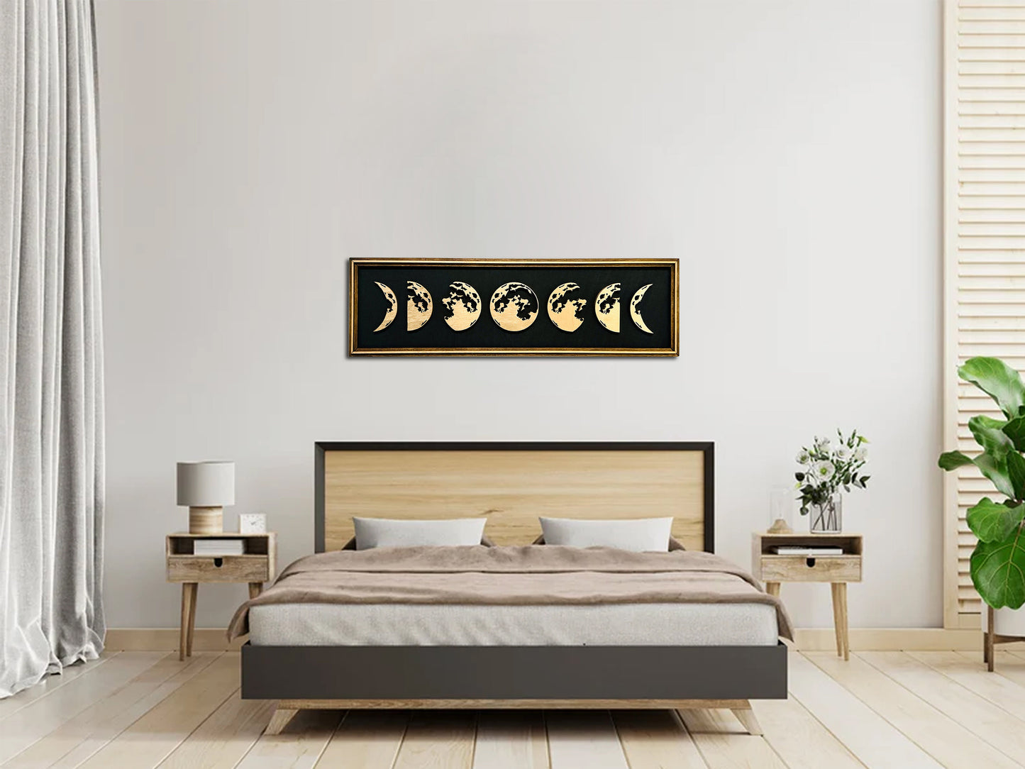 Moon Phases Wall Art, Large Wooden Hanging Sign Black & Gold Home Decor, Livingroom Rustic Moon Plaque, Celestial Bedroom Decor