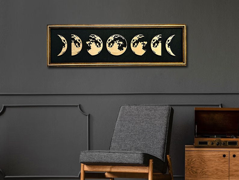 Moon Phases Wall Art: Large Wooden Hanging Sign in Black & Gold, Rustic Celestial Home Decor for Living Room or Bedroom