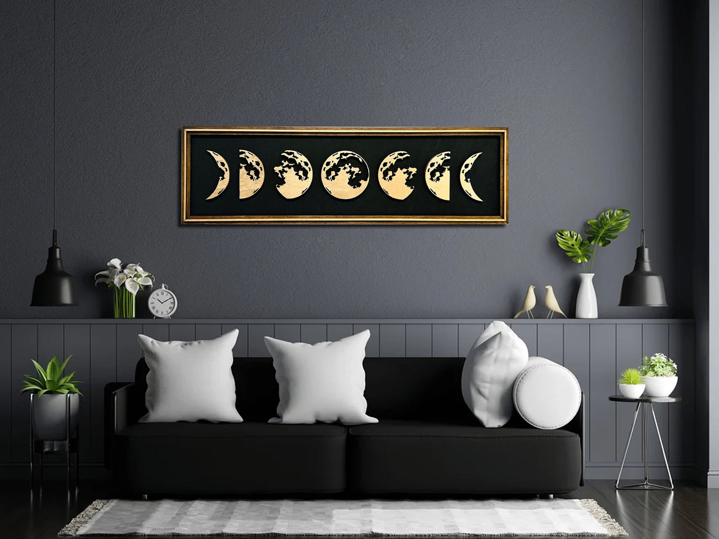 Moon Phases Wall Art, Large Wooden Hanging Sign Black & Gold Home Decor, Livingroom Rustic Moon Plaque, Celestial Bedroom Decor