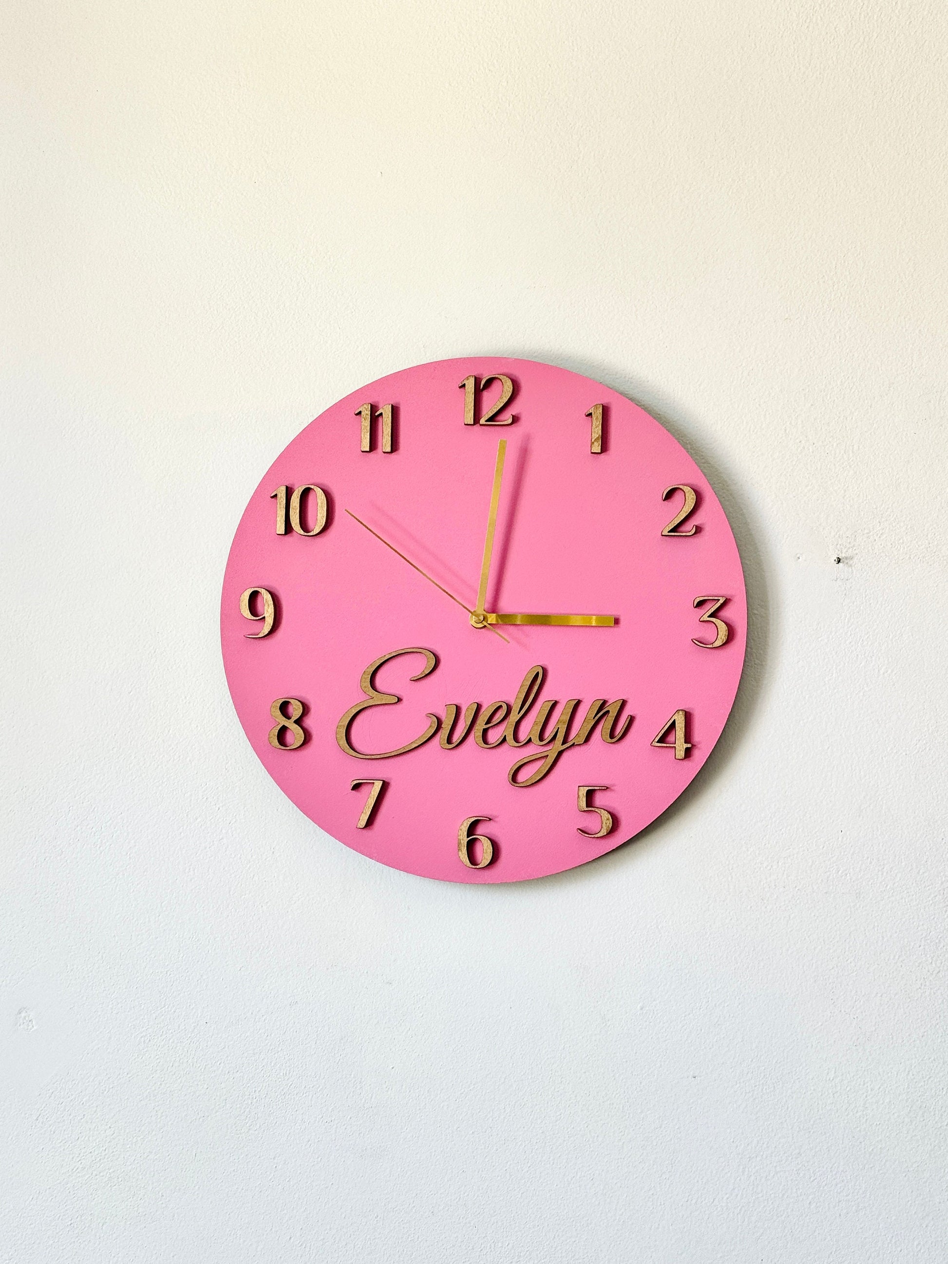 Kids Clock Personalized, Pink Round Wooden Wall Clock with Name, Nursery Wall Clock, Girls Room Clock, Boys Wall Clock, Custom Nursery Decor