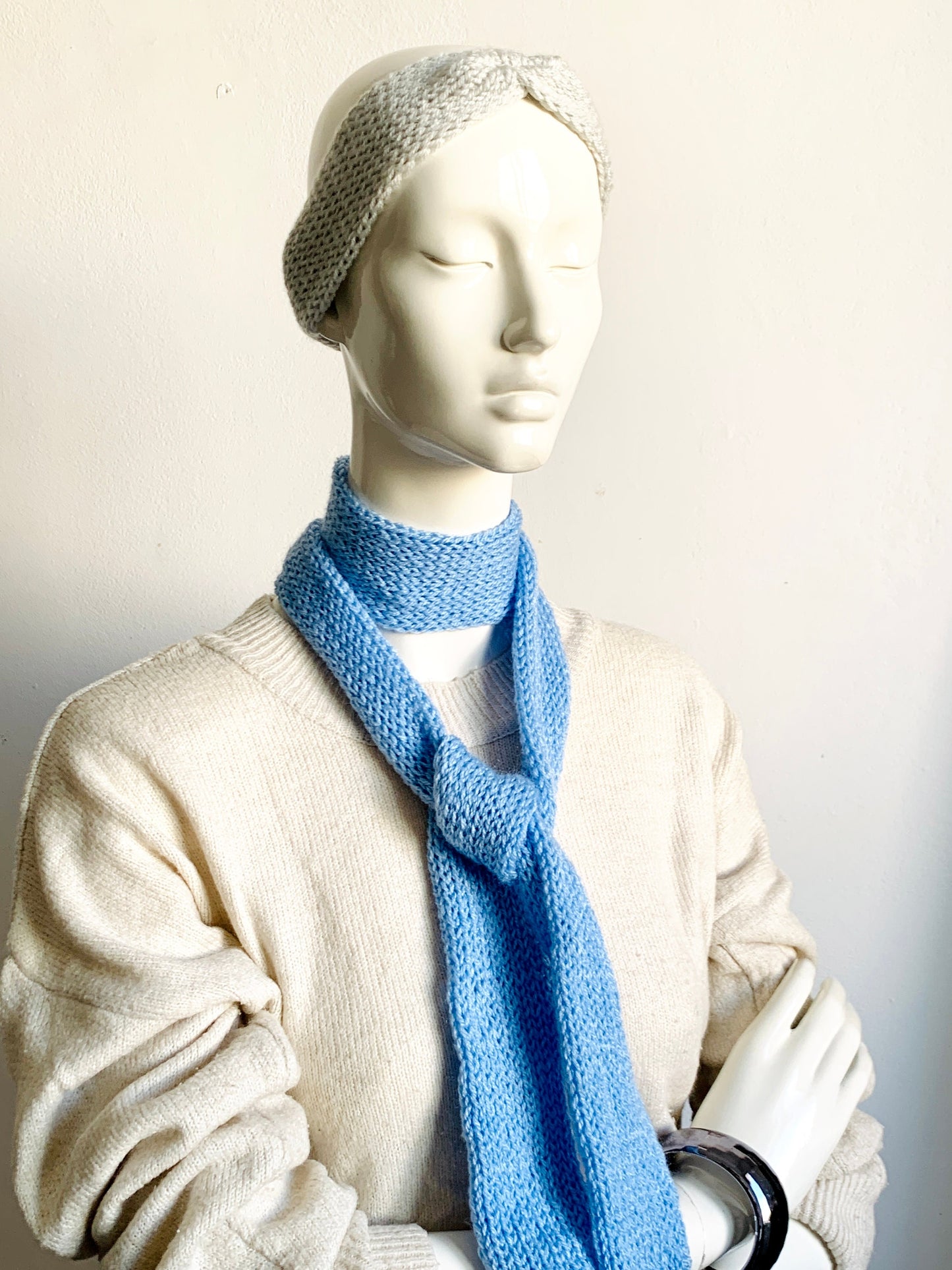 Skinny Scarf, Sky Blue Skinny Knit Scarf, Handmade Light Blue Long Scarf Tie, Turquoise Double Sided Thin Scarf, Women Knitted Scarves