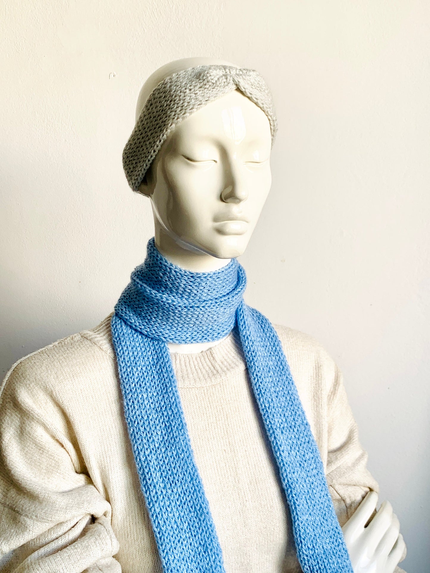 Skinny Scarf, Sky Blue Skinny Knit Scarf, Handmade Light Blue Long Scarf Tie, Turquoise Double Sided Thin Scarf, Women Knitted Scarves