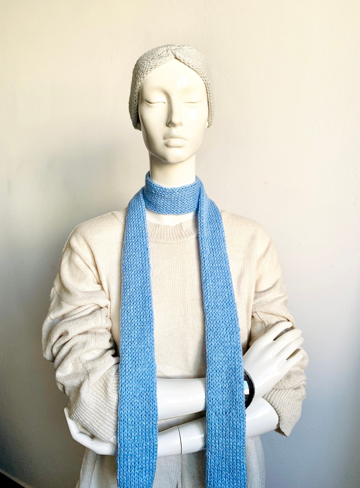 Skinny Scarf, Sky Blue Skinny Knit Scarf, Handmade Light Blue Long Scarf Tie, Turquoise Double Sided Thin Scarf, Women Knitted Scarves