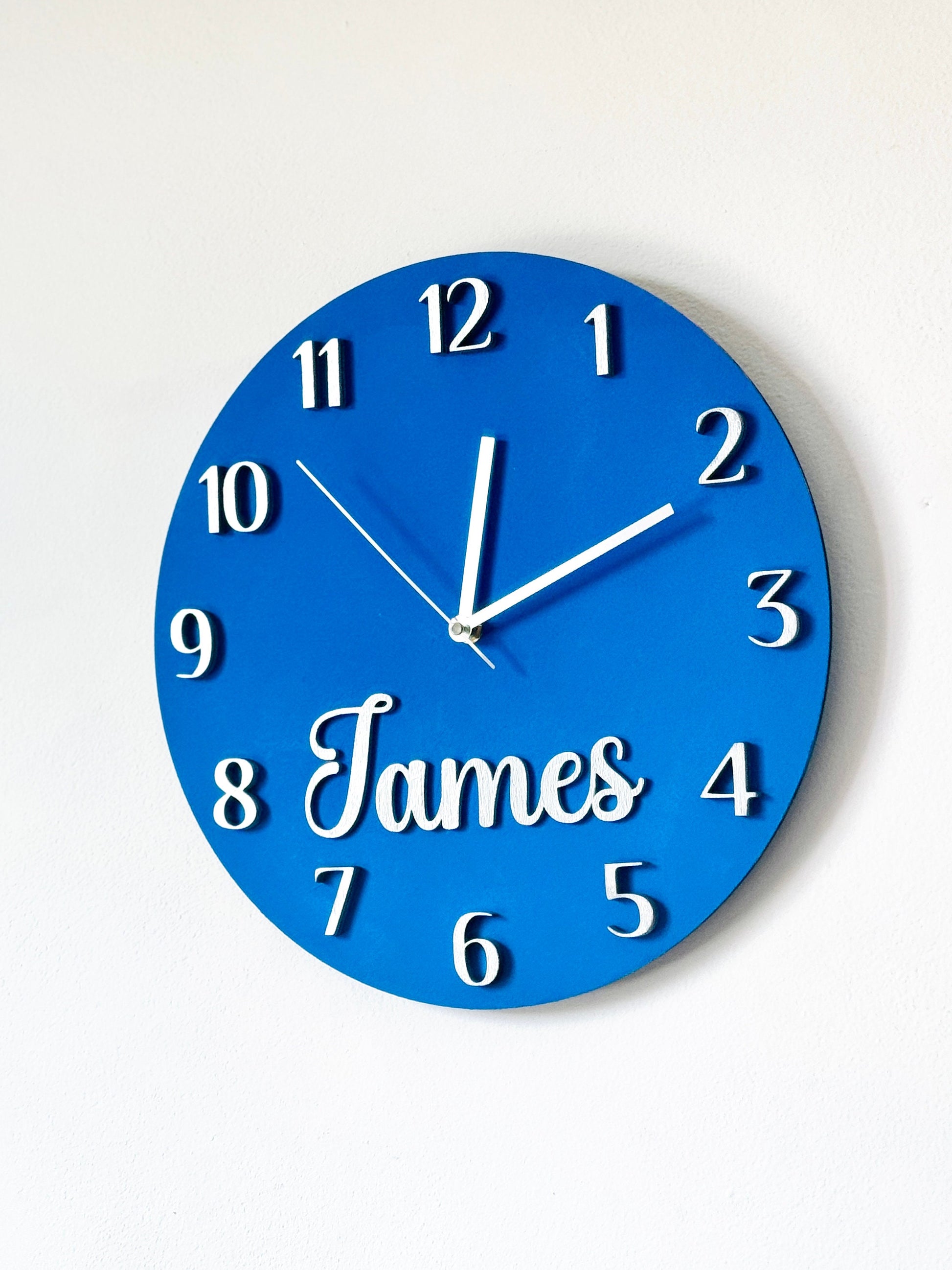 Kids Clock Personalized, Blue Round Wooden Wall Clock with Name, Nursery Wall Clock, Girls Room Clock, Boys Wall Clock, Custom Nursery Decor;