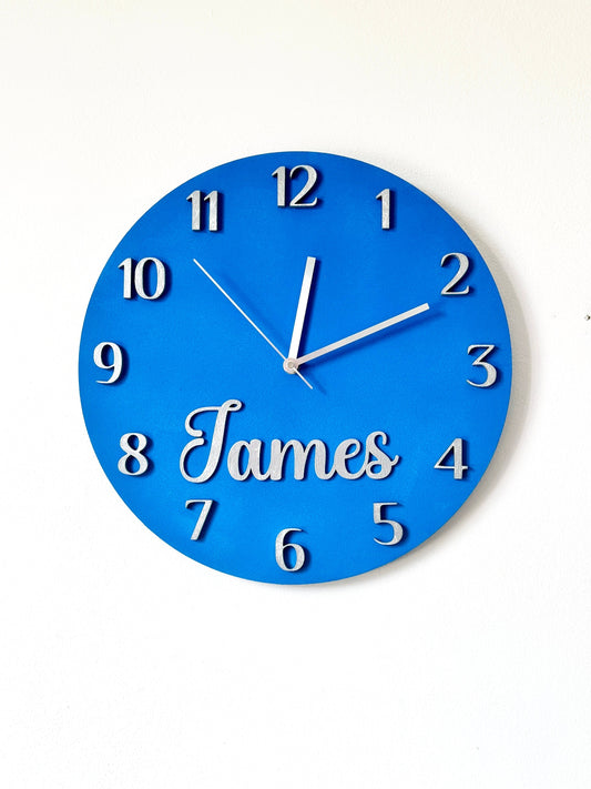 Kids Clock Personalized, Blue Round Wooden Wall Clock with Name, Nursery Wall Clock, Girls Room Clock, Boys Wall Clock, Custom Nursery Decor;