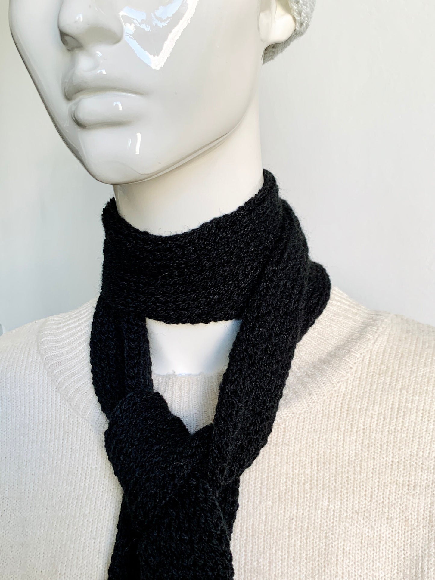 Skinny Scarf, Black Skinny Knit Scarf, Handmade Black Long Scarf Tie, Black Double Sided Tube Thin Scarf, Women Knitted Scarves