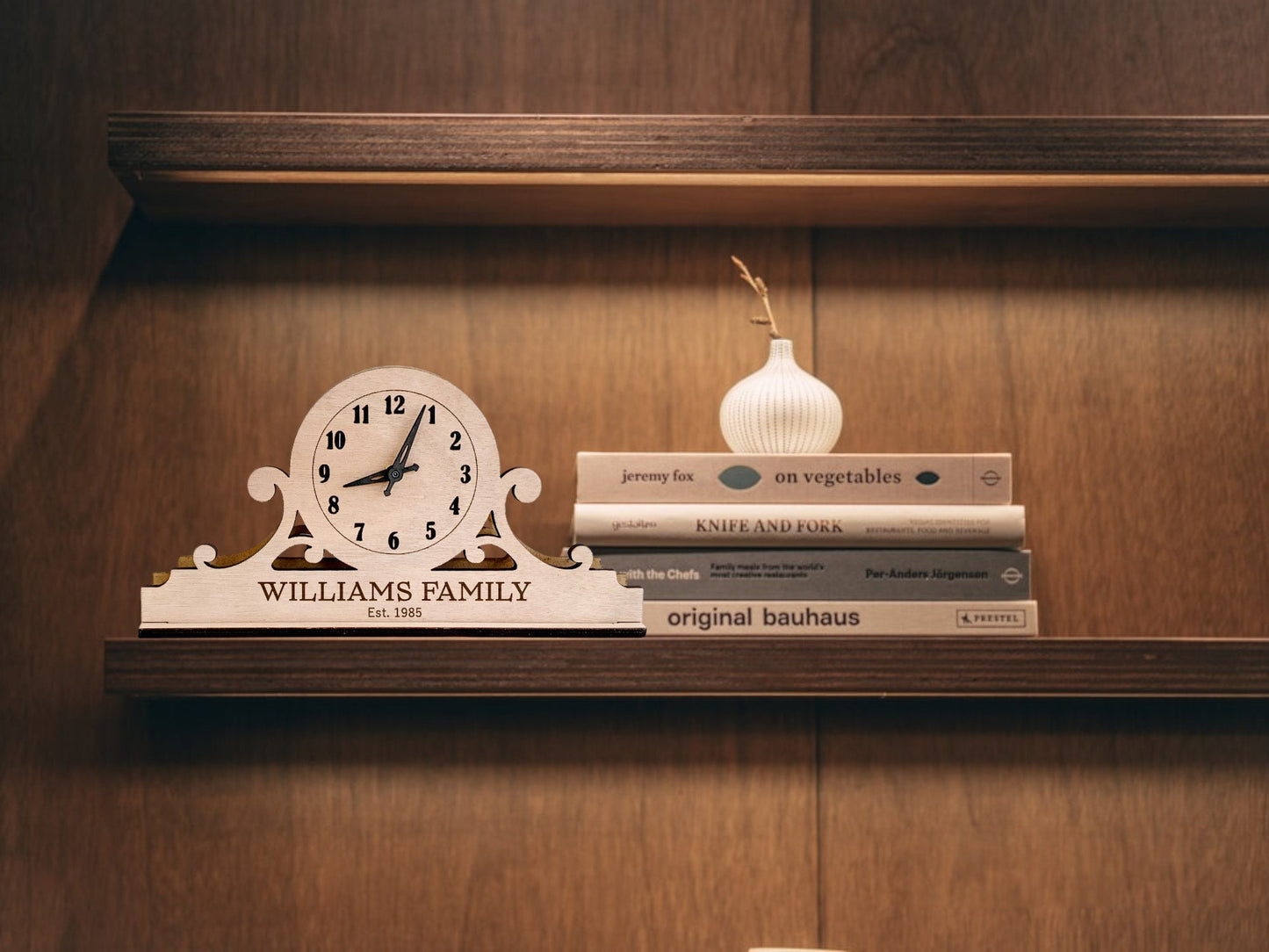 Personalized Wood Modern Mantel Clock: Engraved Vintage Desk Clock