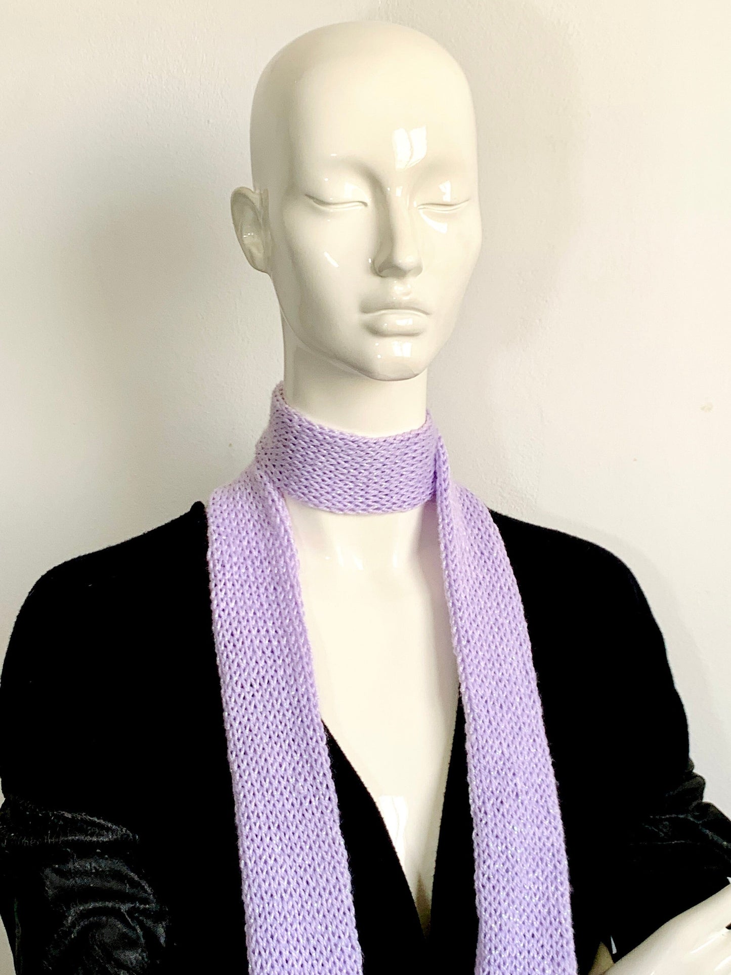 Skinny Scarf Sparkling Lilac Knit Skinny Scarf, Handmade Lavender Long Scarf Tie, Purple Double Sided Thin Scarf, Women Knitted Scarves