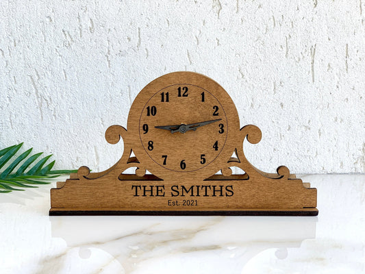 Modern personalized wood mantel clock with vintage antique desk clock design, suitable for office table, retro fireplace, and kitchen decor. Engraved mantel clock.