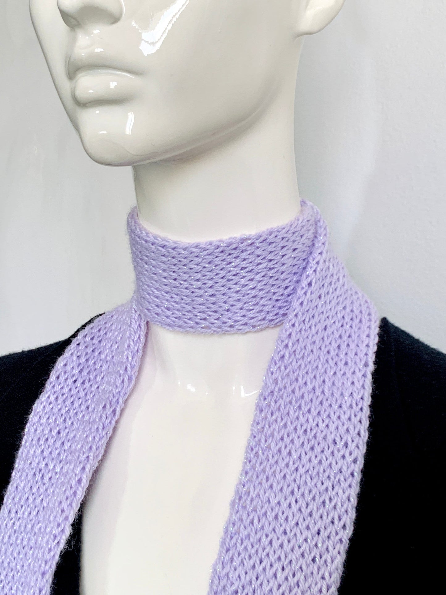 Skinny Scarf Sparkling Lilac Knit Skinny Scarf, Handmade Lavender Long Scarf Tie, Purple Double Sided Thin Scarf, Women Knitted Scarves