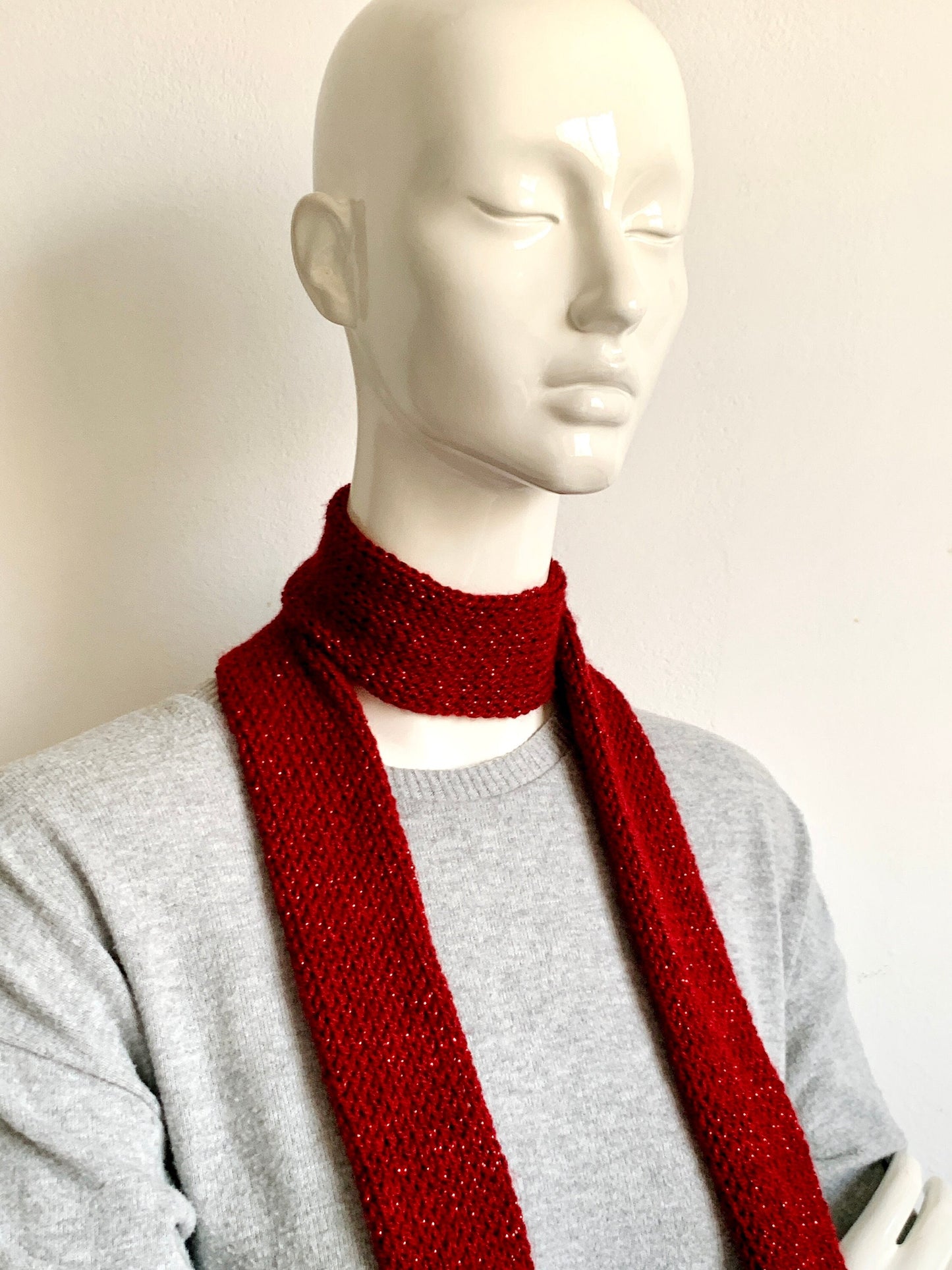 Skinny Knit Scarf, Burgundy Red Skinny Scarf, Handmade Sparkling Maroon Long Scarf Tie, Bordeaux Wine Red Double Thin Scarf, Glamorous