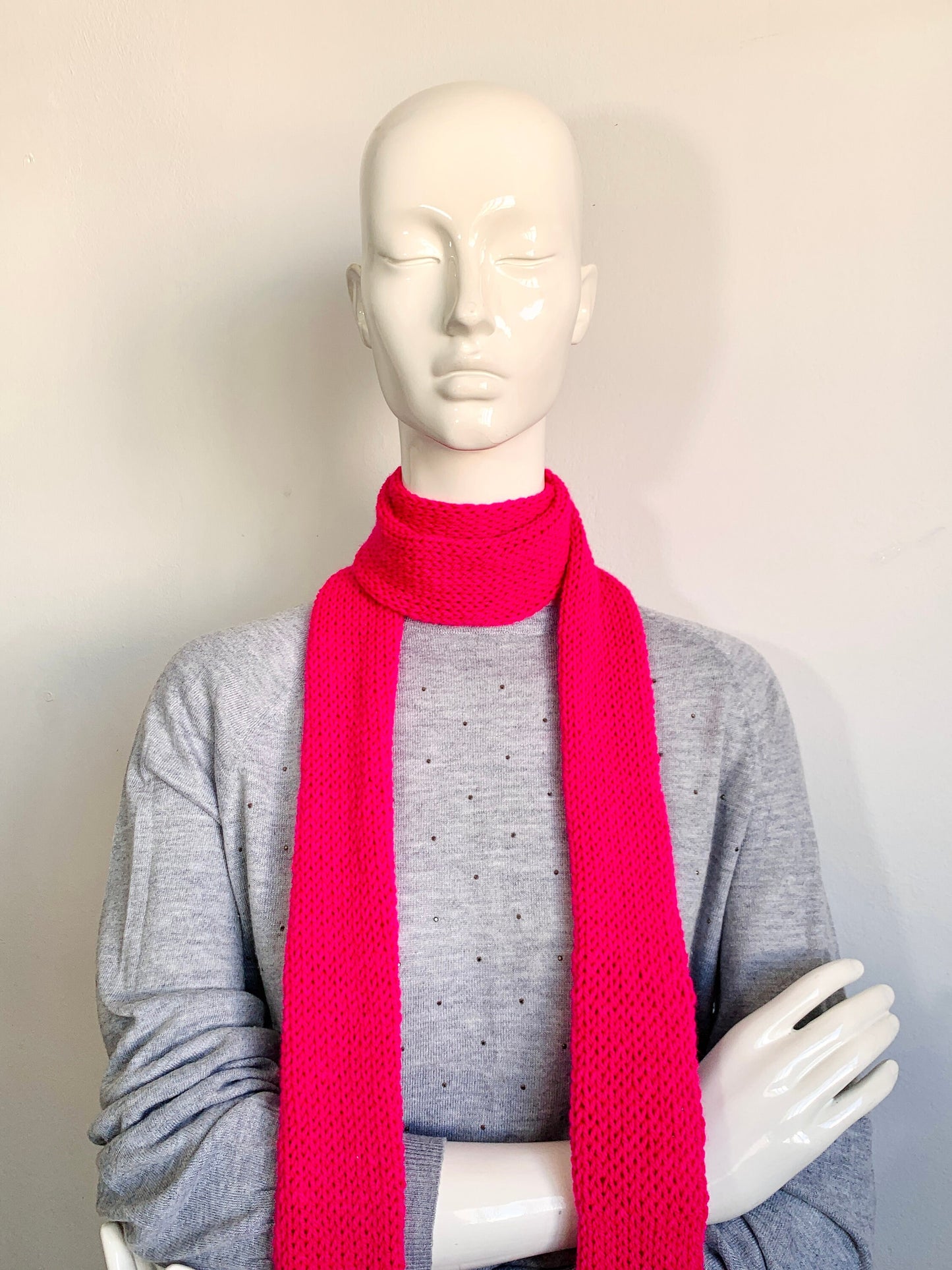 Skinny Scarf, Magenta Skinny Knit Scarf, Handmade Fuchsia Long Scarf Tie, Bright Pink Double Sided Tube Thin Scarf, Women Knitted Scarves