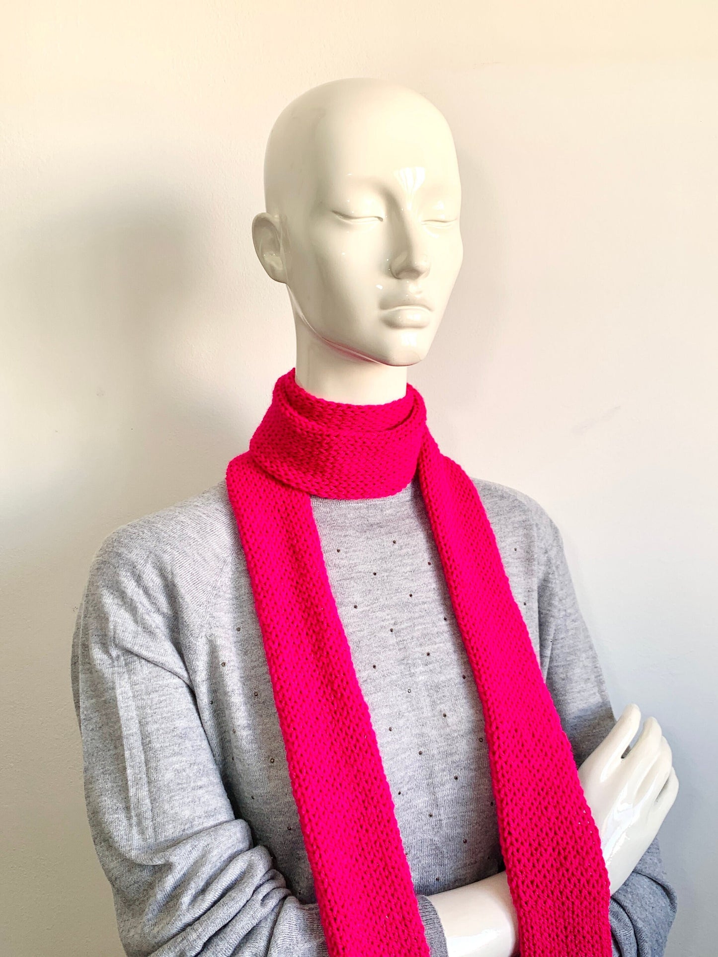 Skinny Scarf, Magenta Skinny Knit Scarf, Handmade Fuchsia Long Scarf Tie, Bright Pink Double Sided Tube Thin Scarf, Women Knitted Scarves