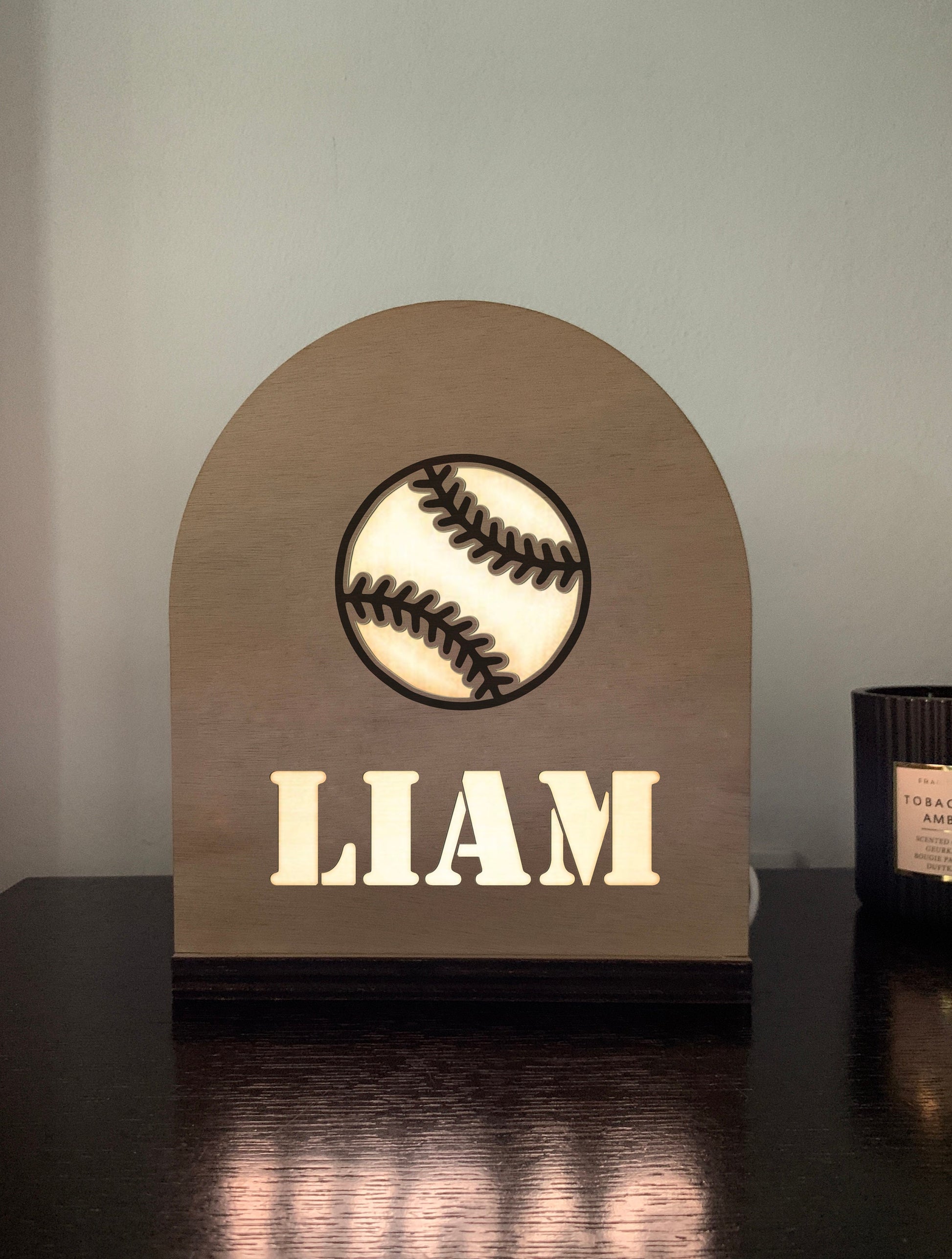 Softball Name Lamp, Personalized Coach Gift from Team, Wood Arch Baseball NightLight, Custom LED Sign, Kids Bedside Lamp, Boys Hobby Gift