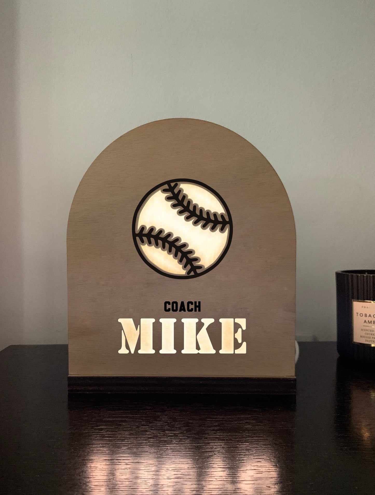 Softball Name Lamp, Personalized Coach Gift from Team, Wood Arch Baseball NightLight, Custom LED Sign, Kids Bedside Lamp, Boys Hobby Gift