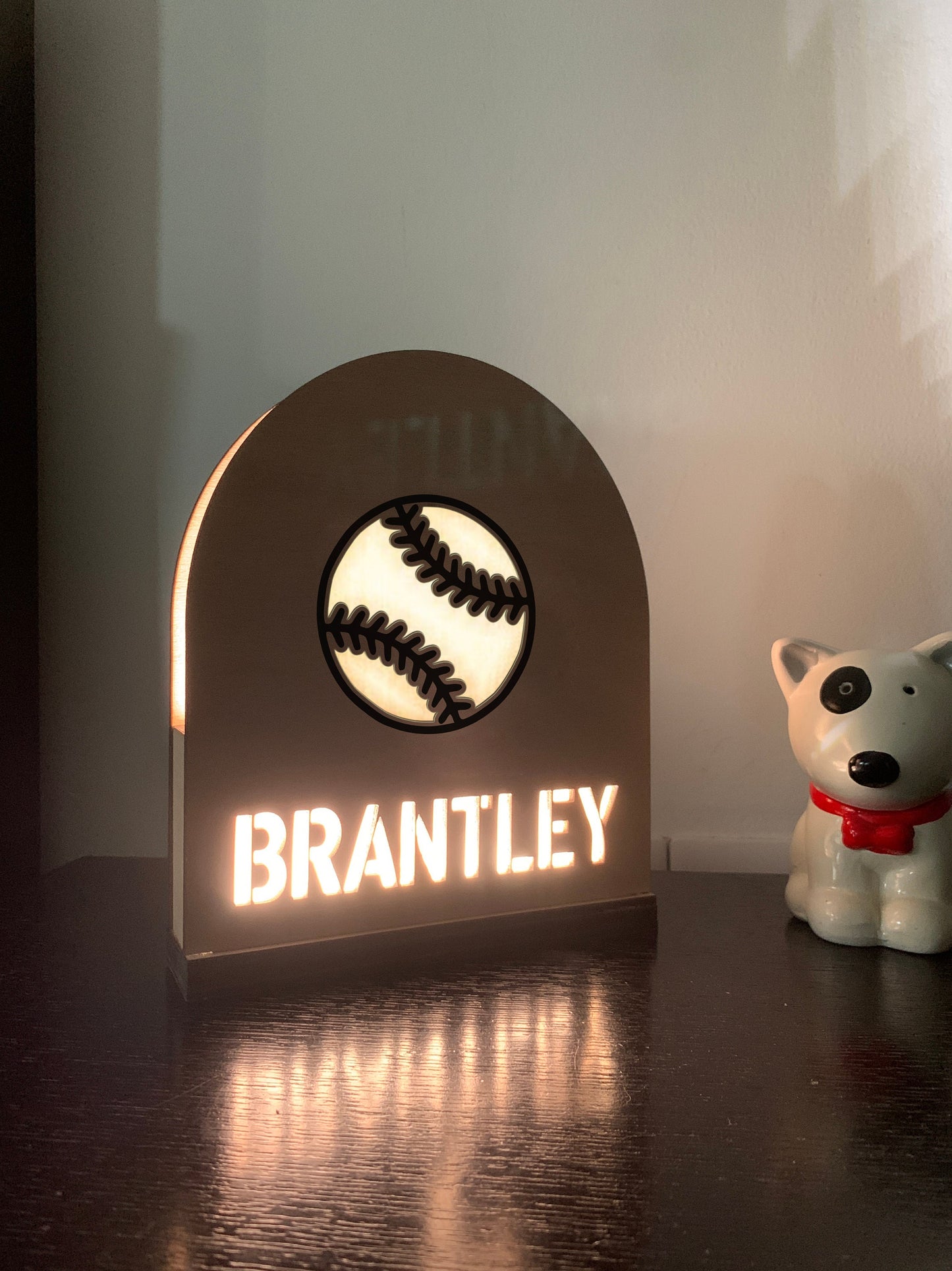 Softball Name Lamp, Personalized Coach Gift from Team, Wood Arch Baseball NightLight, Custom LED Sign, Kids Bedside Lamp, Boys Hobby Gift