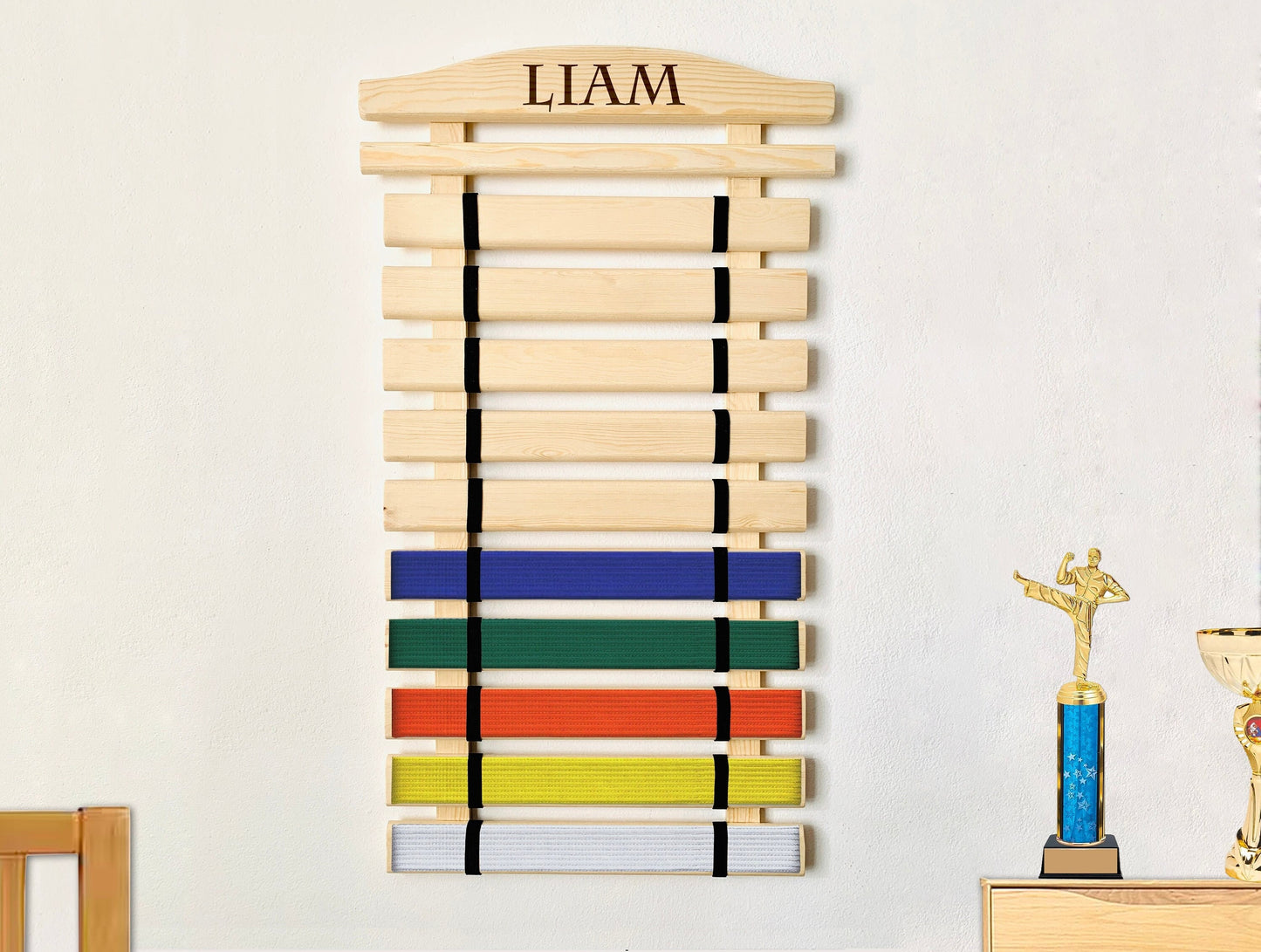 Martial arts belt display rack for karate, jiu-jitsu, and taekwondo belts. Martial Arts Belt Display Rack Personalized Karate Belt Display Holder Taekwondo Karate Jiu Jitsu Belt Display Karate Medal Organizer Holder