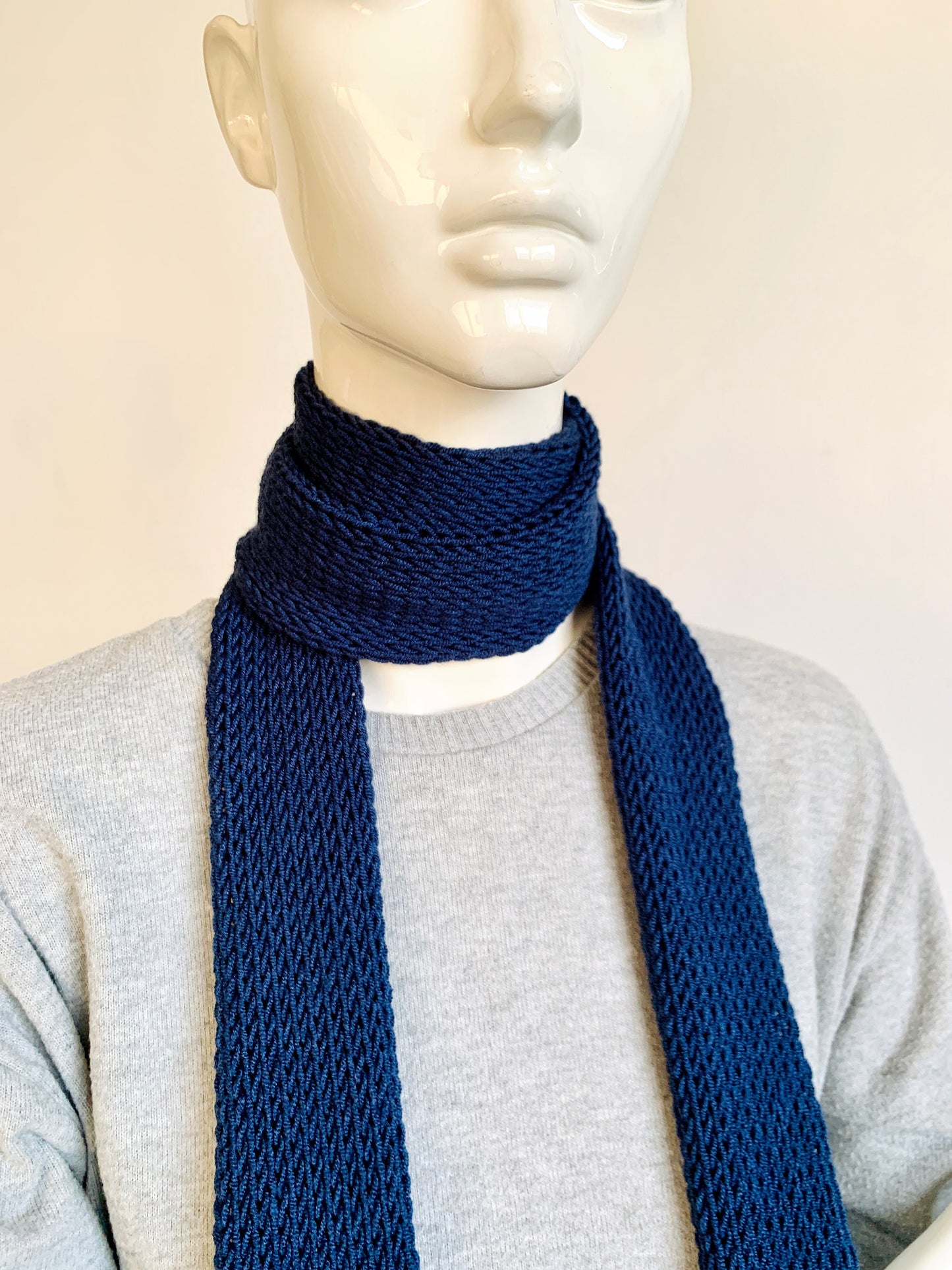 Skinny Scarf, Navy Blue Skinny Knit Scarf, Dark Deep Blue Knitted Long Scarf Tie, Handmade Midnight Blue Double Layer Tube Thin Women Scarf