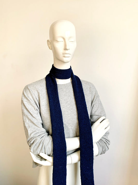 Skinny Scarf, Navy Blue Skinny Knit Scarf, Dark Deep Blue Knitted Long Scarf Tie, Handmade Midnight Blue Double Layer Tube Thin Women Scarf