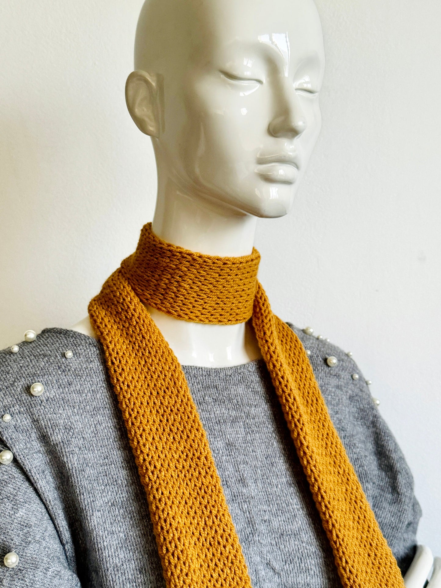 Skinny Scarf, Mustard Yellow Orange Skinny Knit Scarf, Handmade Knitted Long Scarf, Yellow Ochre Double Layer Tube Thin Scarf, Women Scarves