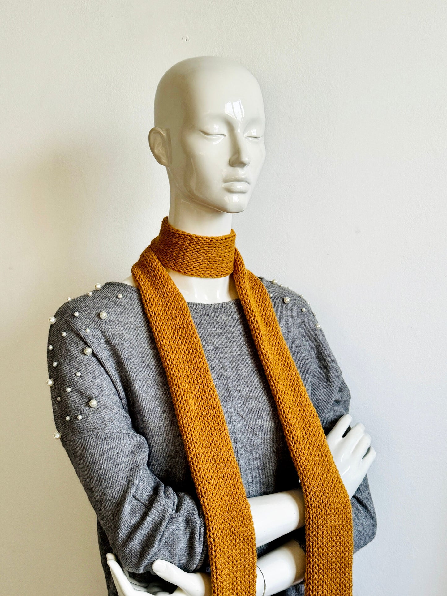 Skinny Scarf, Mustard Yellow Orange Skinny Knit Scarf, Handmade Knitted Long Scarf, Yellow Ochre Double Layer Tube Thin Scarf, Women Scarves