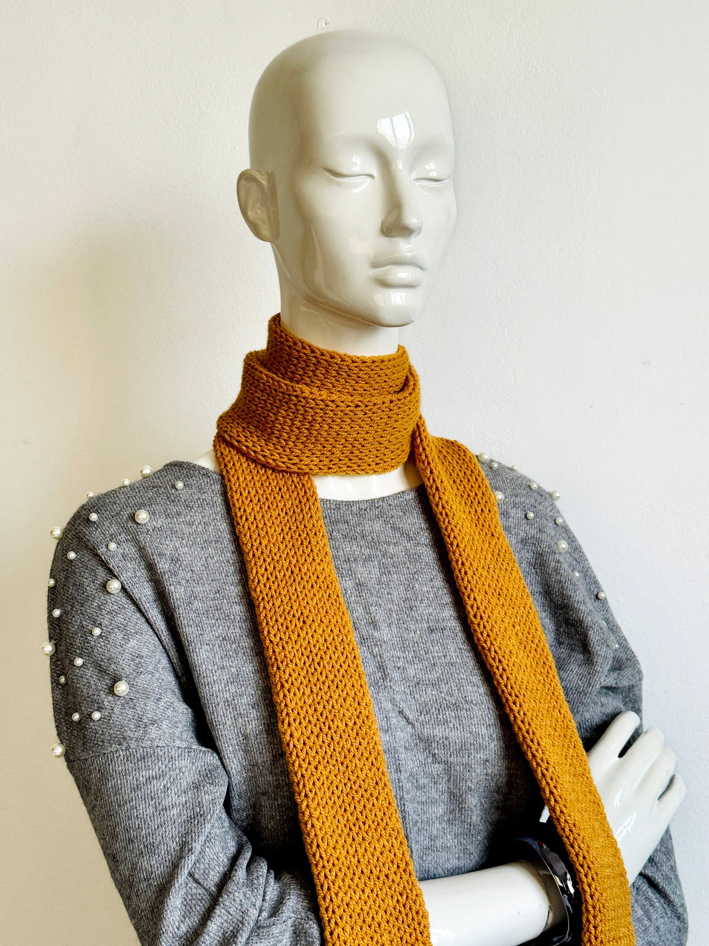 Skinny Scarf, Mustard Yellow Orange Skinny Knit Scarf, Handmade Knitted Long Scarf, Yellow Ochre Double Layer Tube Thin Scarf, Women Scarves