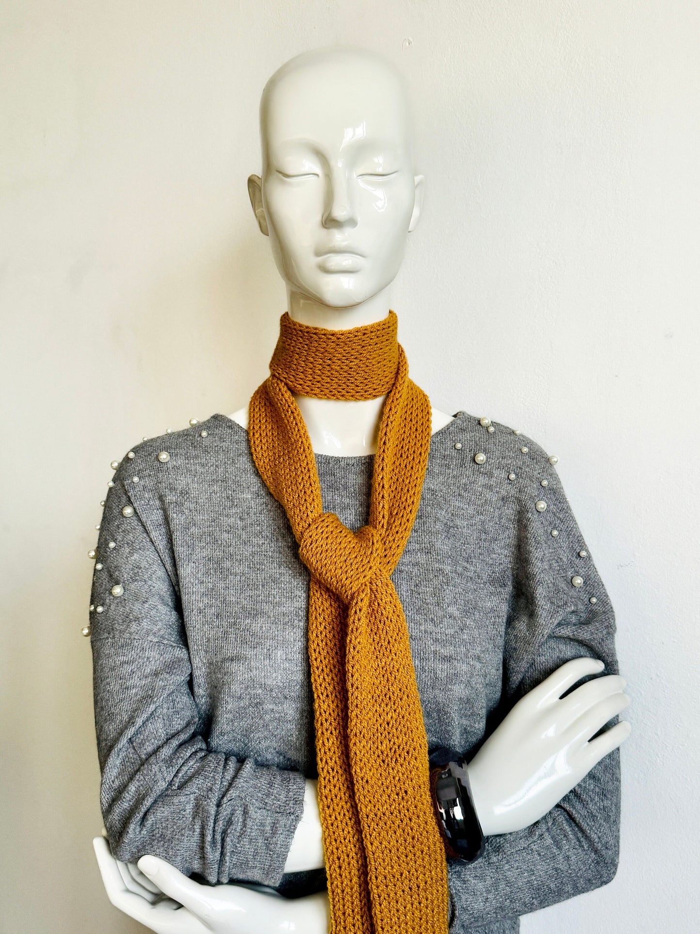 Skinny Scarf, Mustard Yellow Orange Skinny Knit Scarf, Handmade Knitted Long Scarf, Yellow Ochre Double Layer Tube Thin Scarf, Women Scarves