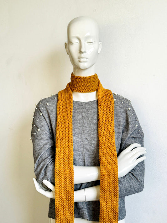 Skinny Scarf, Mustard Yellow Orange Skinny Knit Scarf, Handmade Knitted Long Scarf, Yellow Ochre Double Layer Tube Thin Scarf, Women Scarves