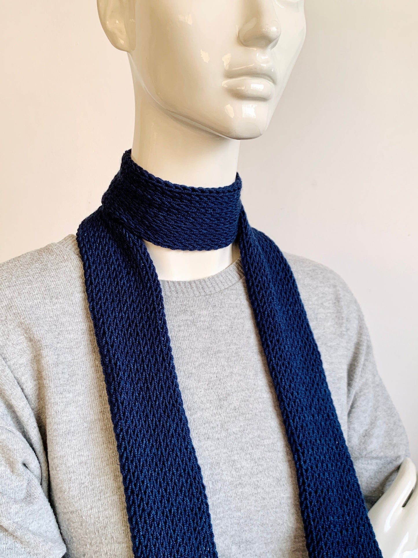 Skinny Scarf, Navy Blue Skinny Knit Scarf, Dark Deep Blue Knitted Long Scarf Tie, Handmade Midnight Blue Double Layer Tube Thin Women Scarf