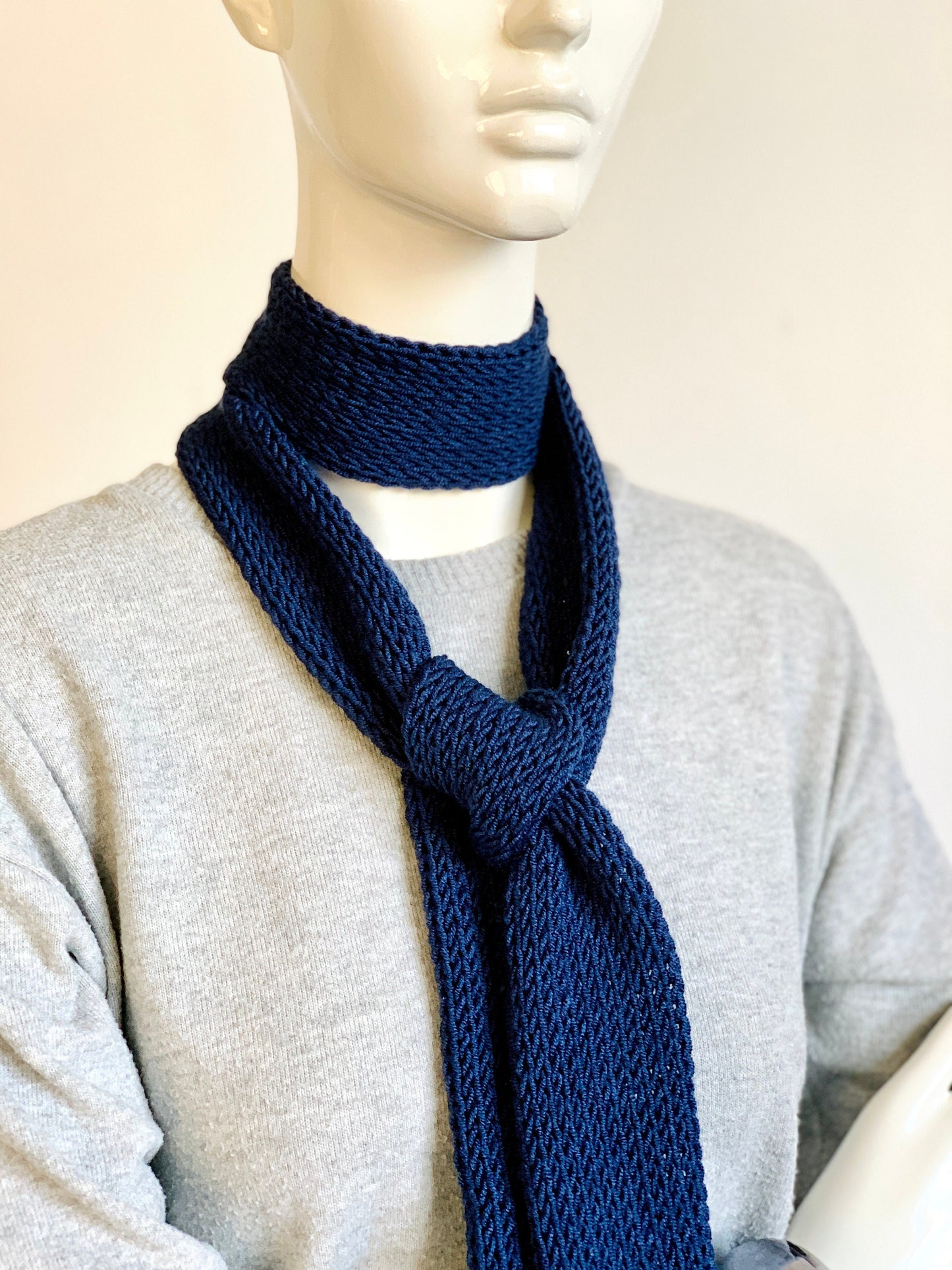 Skinny Scarf, Navy Blue Skinny Knit Scarf, Dark Deep Blue Knitted Long Scarf Tie, Handmade Midnight Blue Double Layer Tube Thin Women Scarf