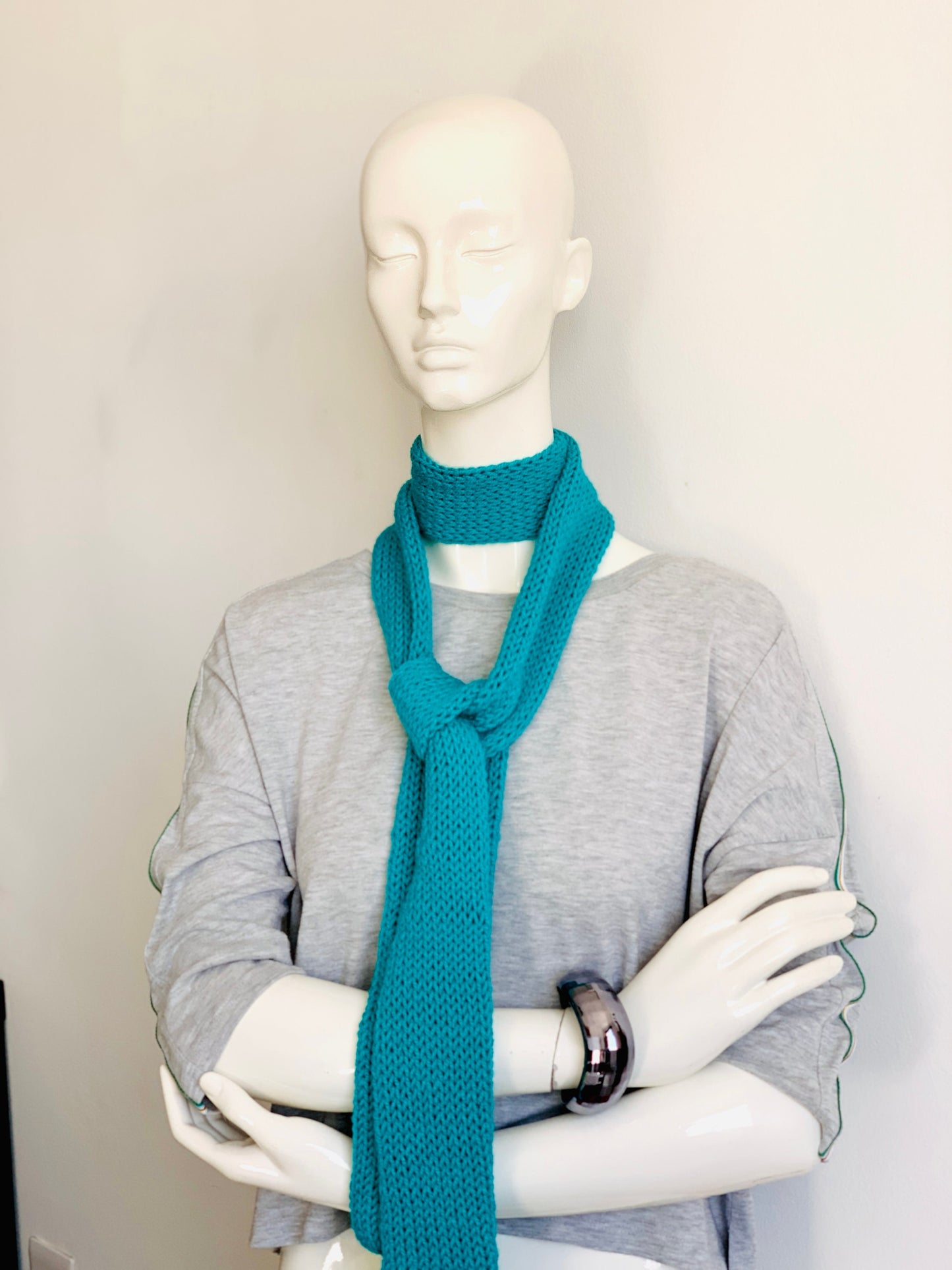 Skinny Scarf, Turquoise Skinny Knit Scarf, Handmade Azure Long Scarf Tie, Mint Blue Double Sided Tube Thin Scarf, Women Knitted Scarves